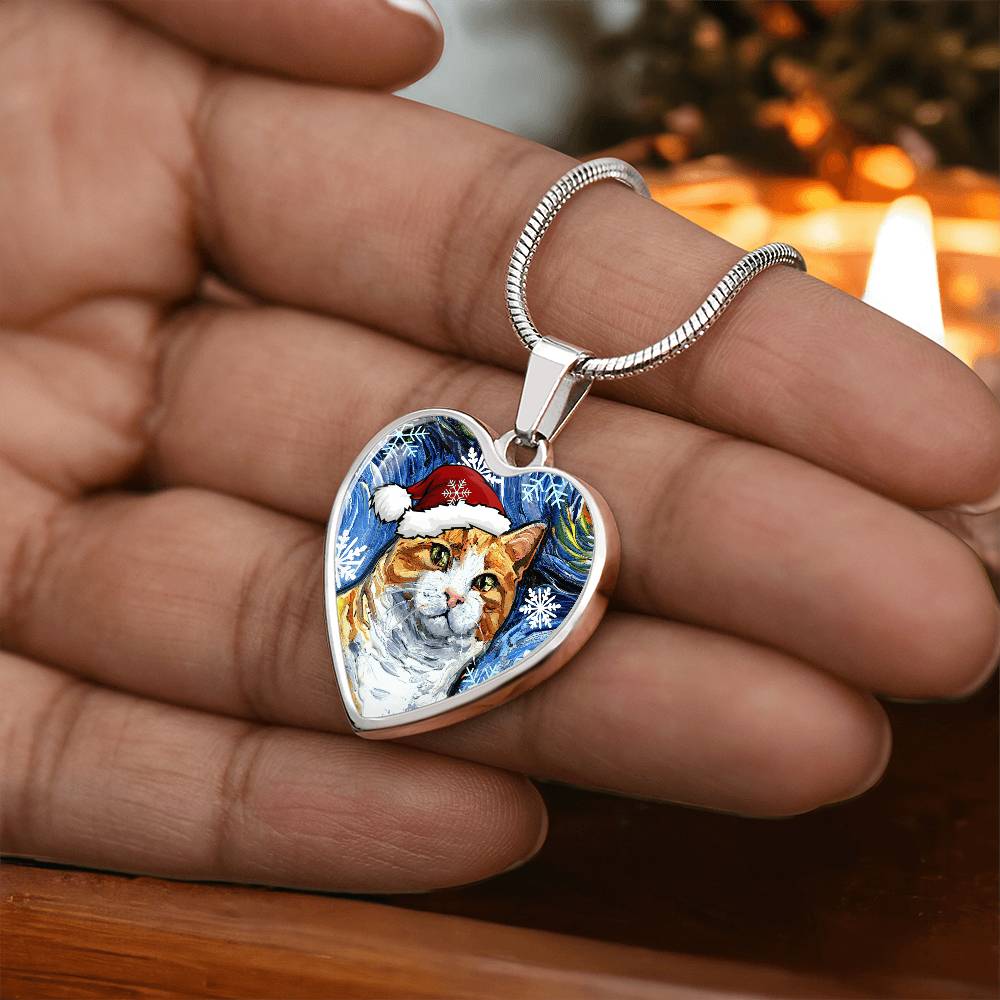 Orange Tuxedo Tabby Christmas Heart Necklace