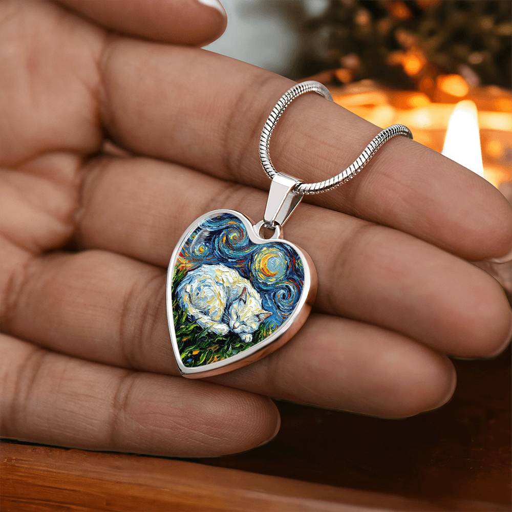 Sleepy White Cat Night Heart Necklace