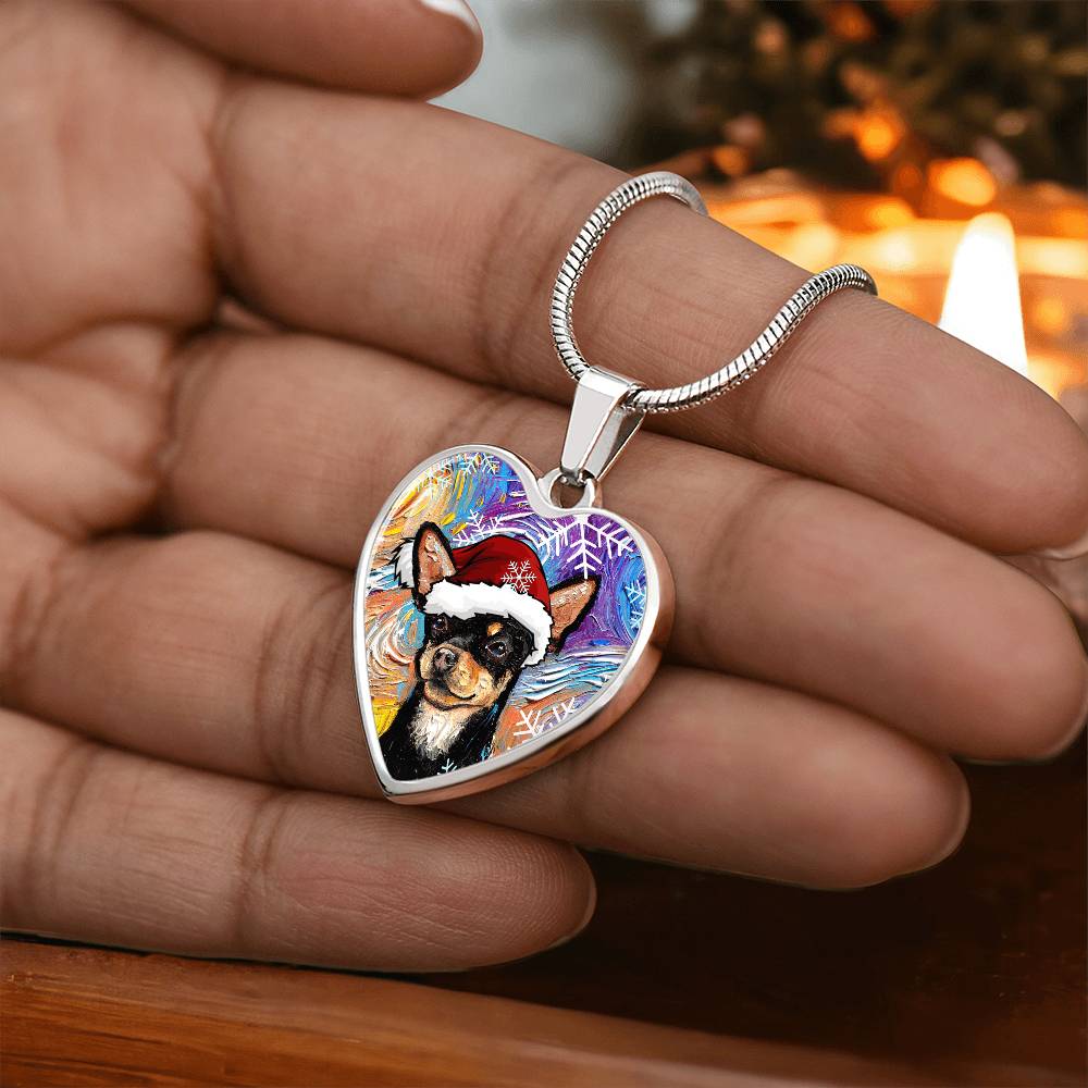 Santa Black and Tan Chihuahua Heart Necklace