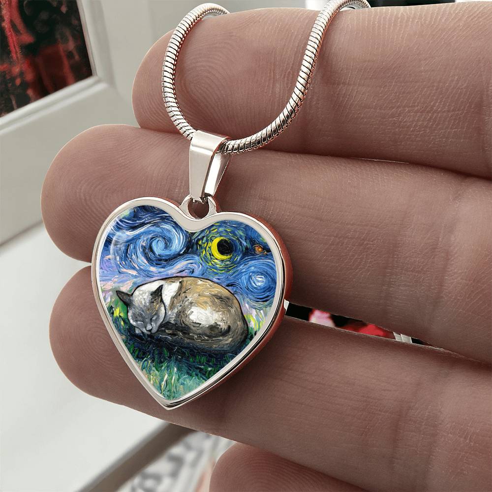 Sleeping Siamese Cat Starry Night Heart Necklace