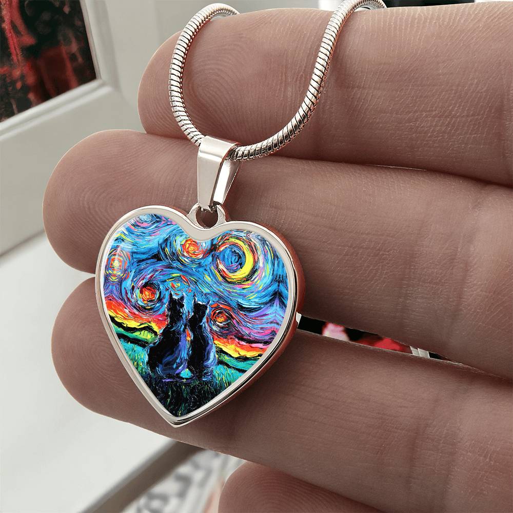 Van Gogh's Cats Starry Night Heart Necklace