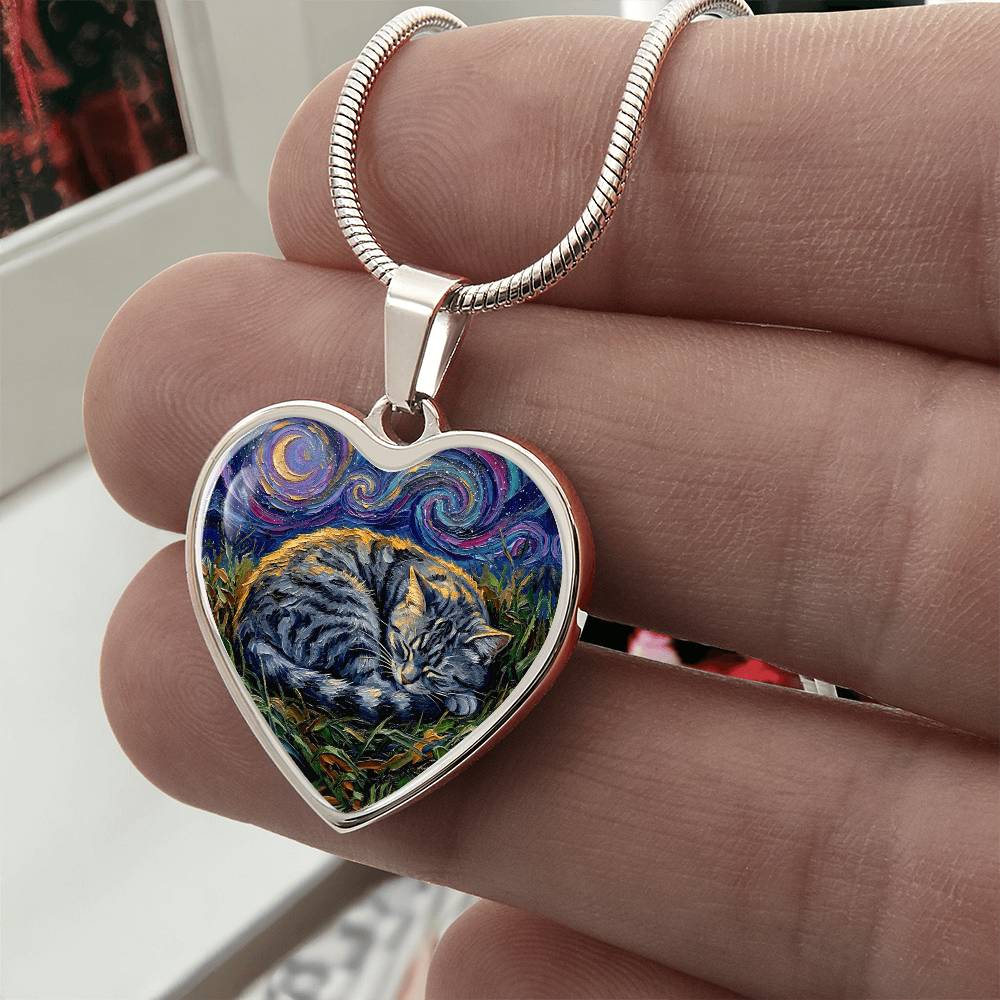 Sleepy American Shorthair Tabby Heart Necklace
