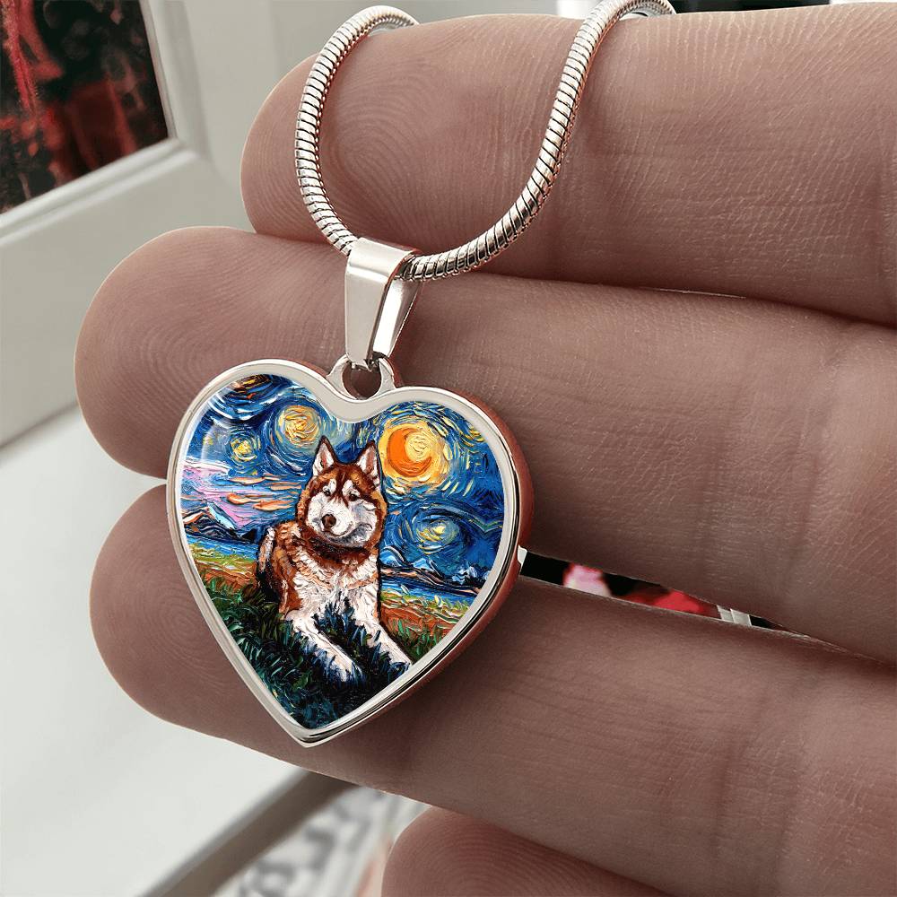 Red and White Husky Starry Night Heart Necklace