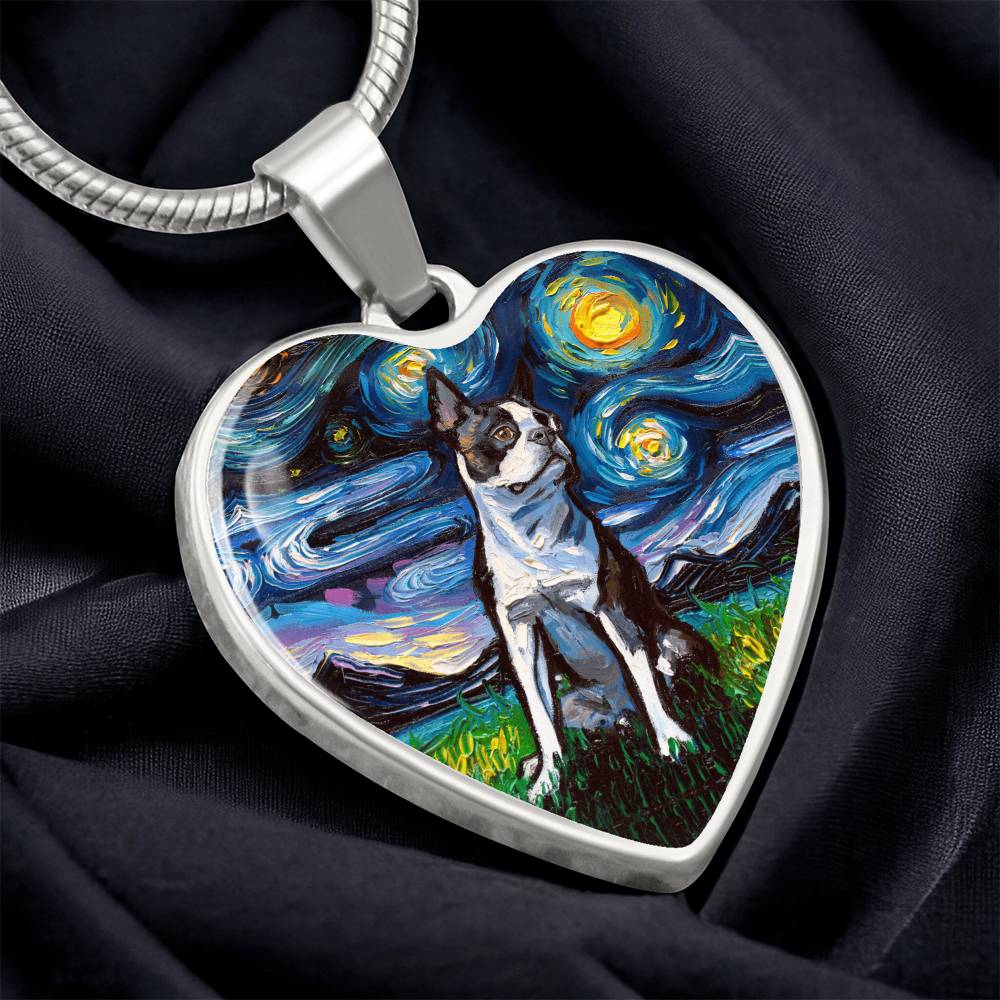 Boston Terrier Starry Night Heart Necklace