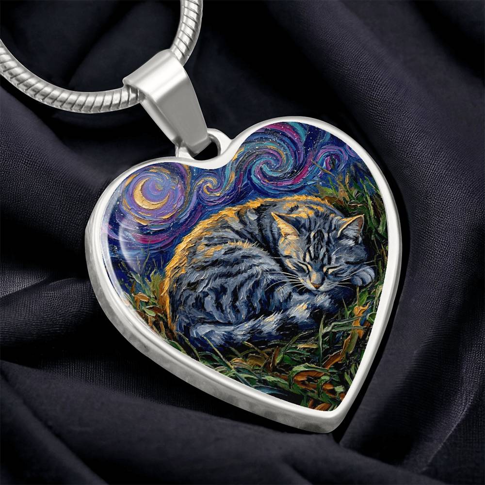 Sleepy American Shorthair Tabby Heart Necklace