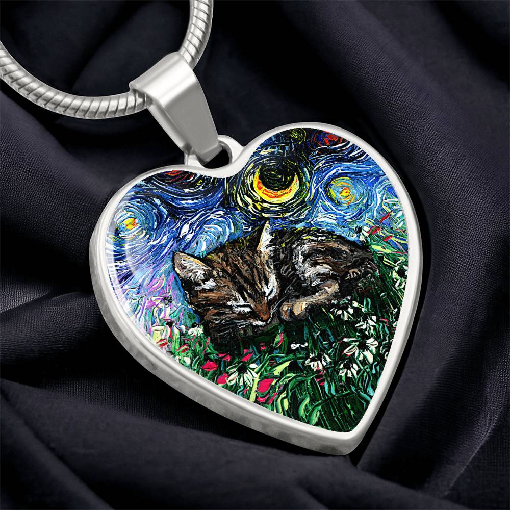Tabby Kitten Starry Night Heart Necklace