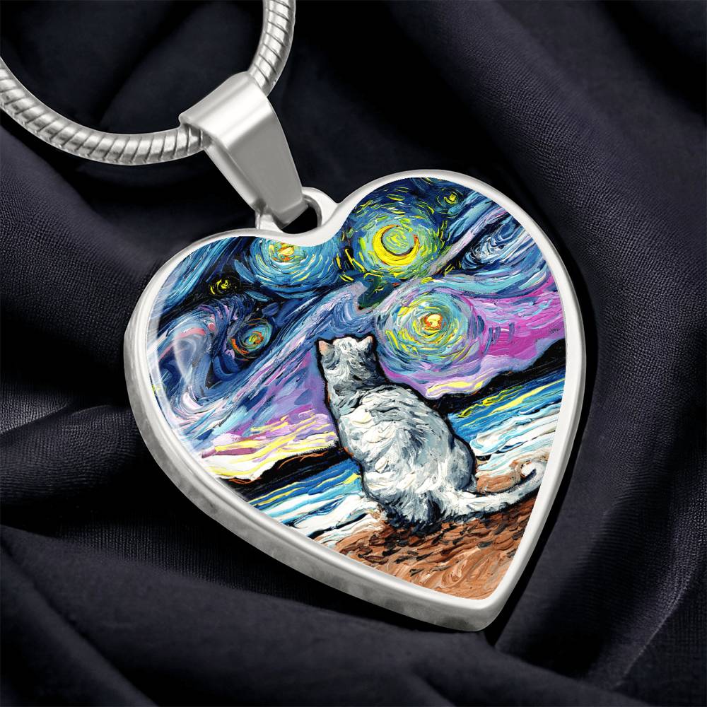 White Cat Beach Starry Night Heart Necklace