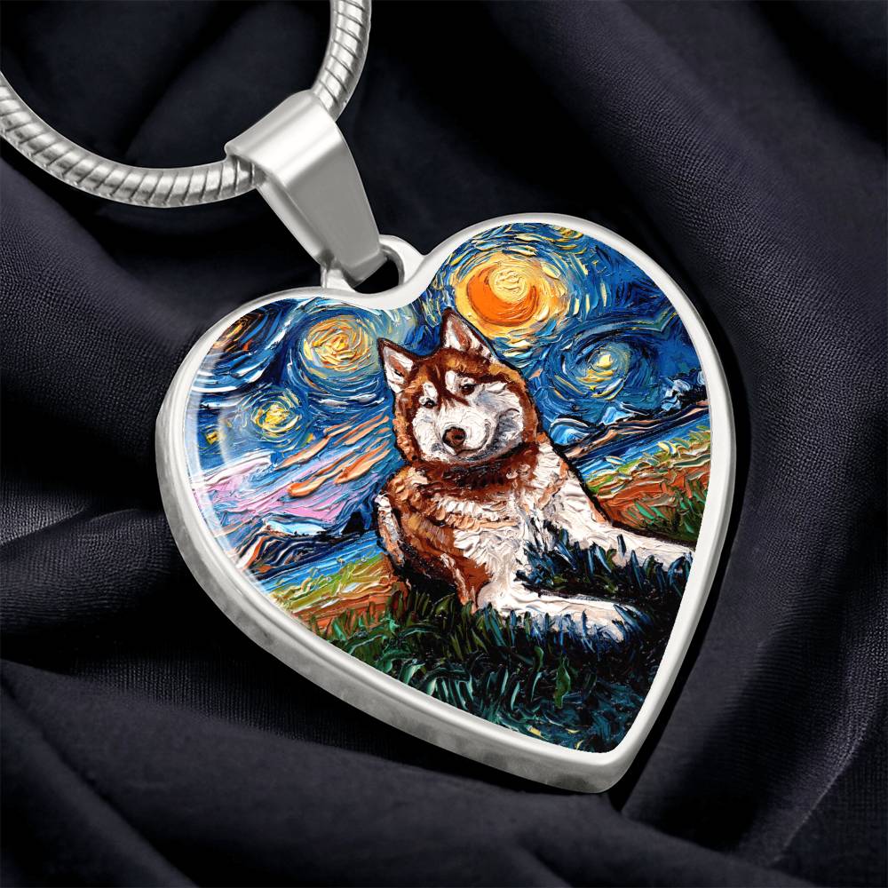 Red and White Husky Starry Night Heart Necklace