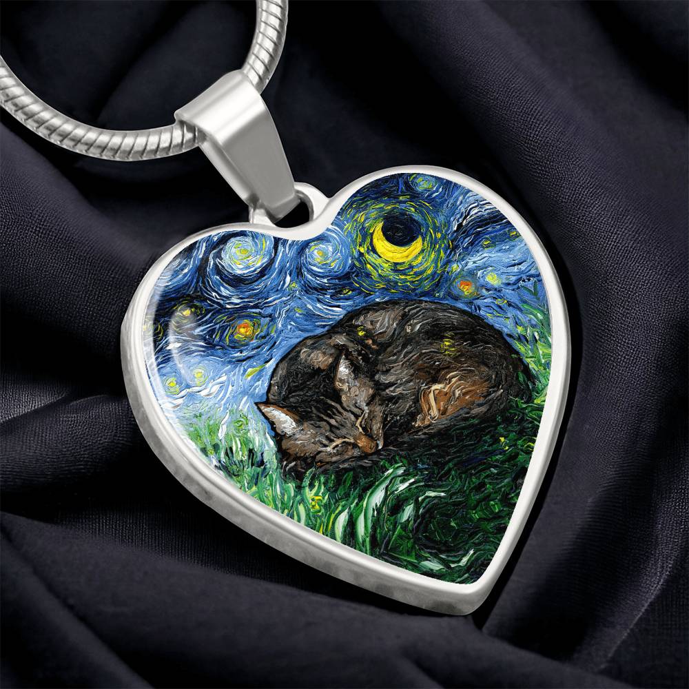 Sleeping Brown Tabby Starry Night Heart Necklace