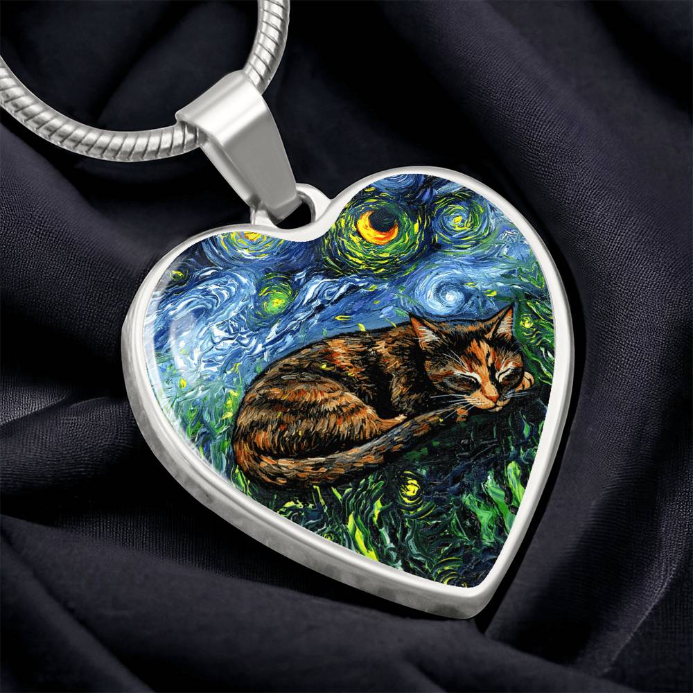 Sleepy Tortie Starry Night Heart Necklace