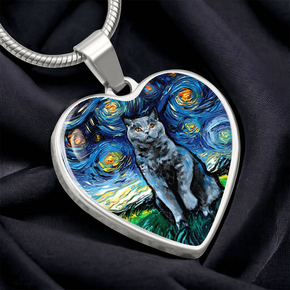 Blue British Shorthair Starry Night Heart Necklace