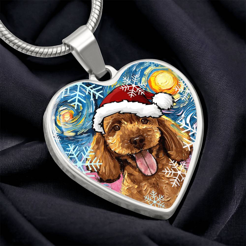 Apricot Poodle Puppy in Santa Hat Starry Night Heart Necklace