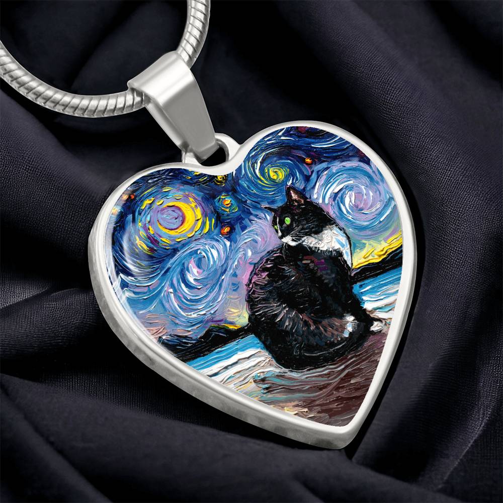 Tuxedo Cat with Green Eyes and White up nose Starry Night Heart Necklace