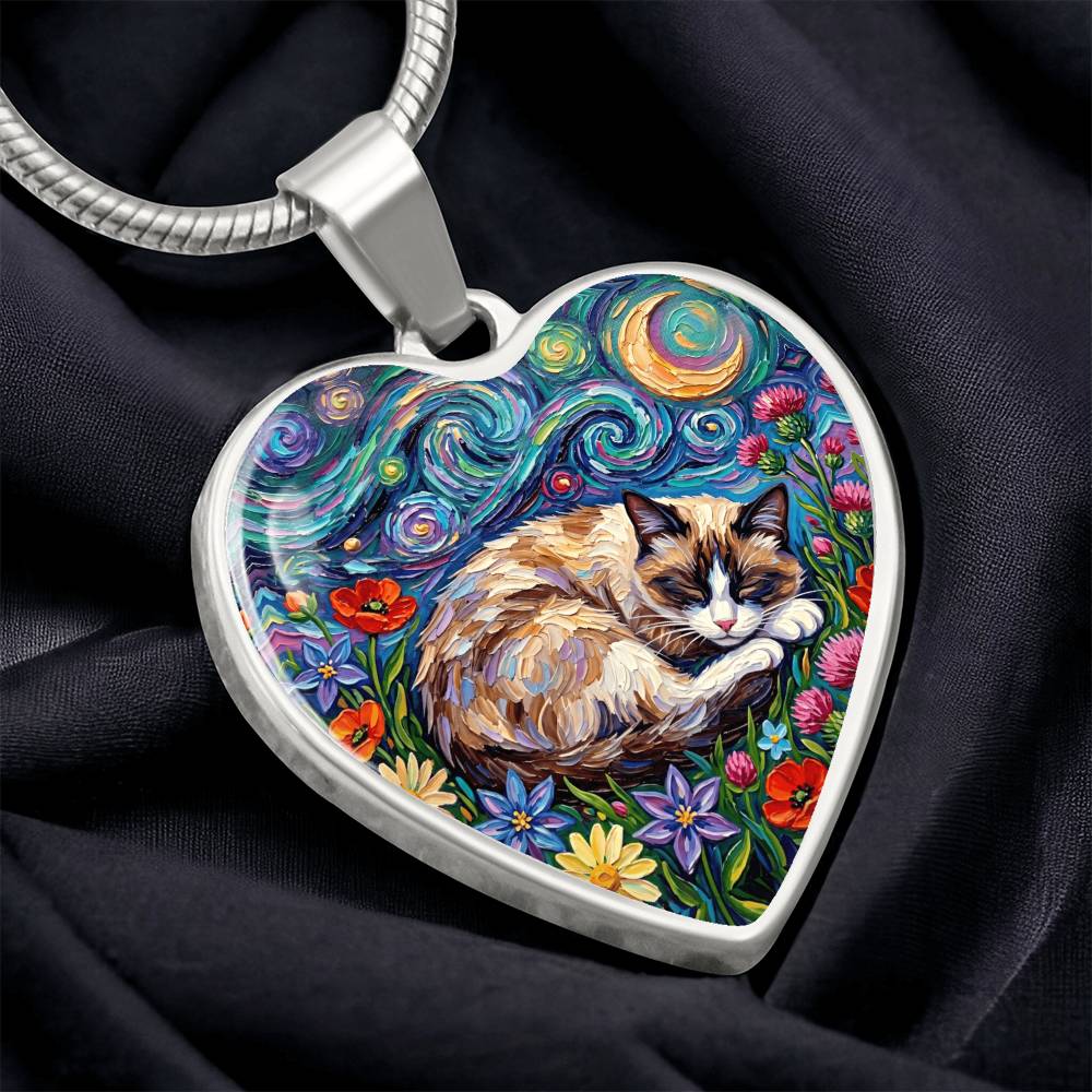 Sleepy Snowshoe Cat Night Heart Necklace