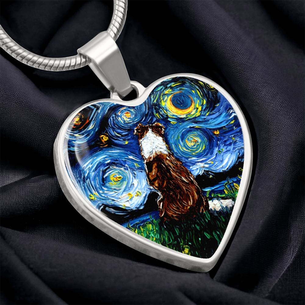 Red Border Collie Starry Night Heart Necklace