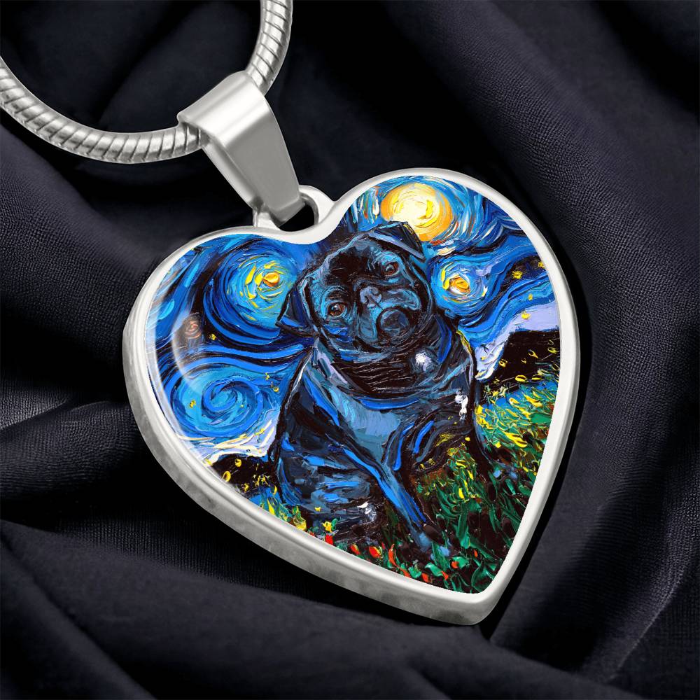 Black Pug Starry Night Heart Pendant