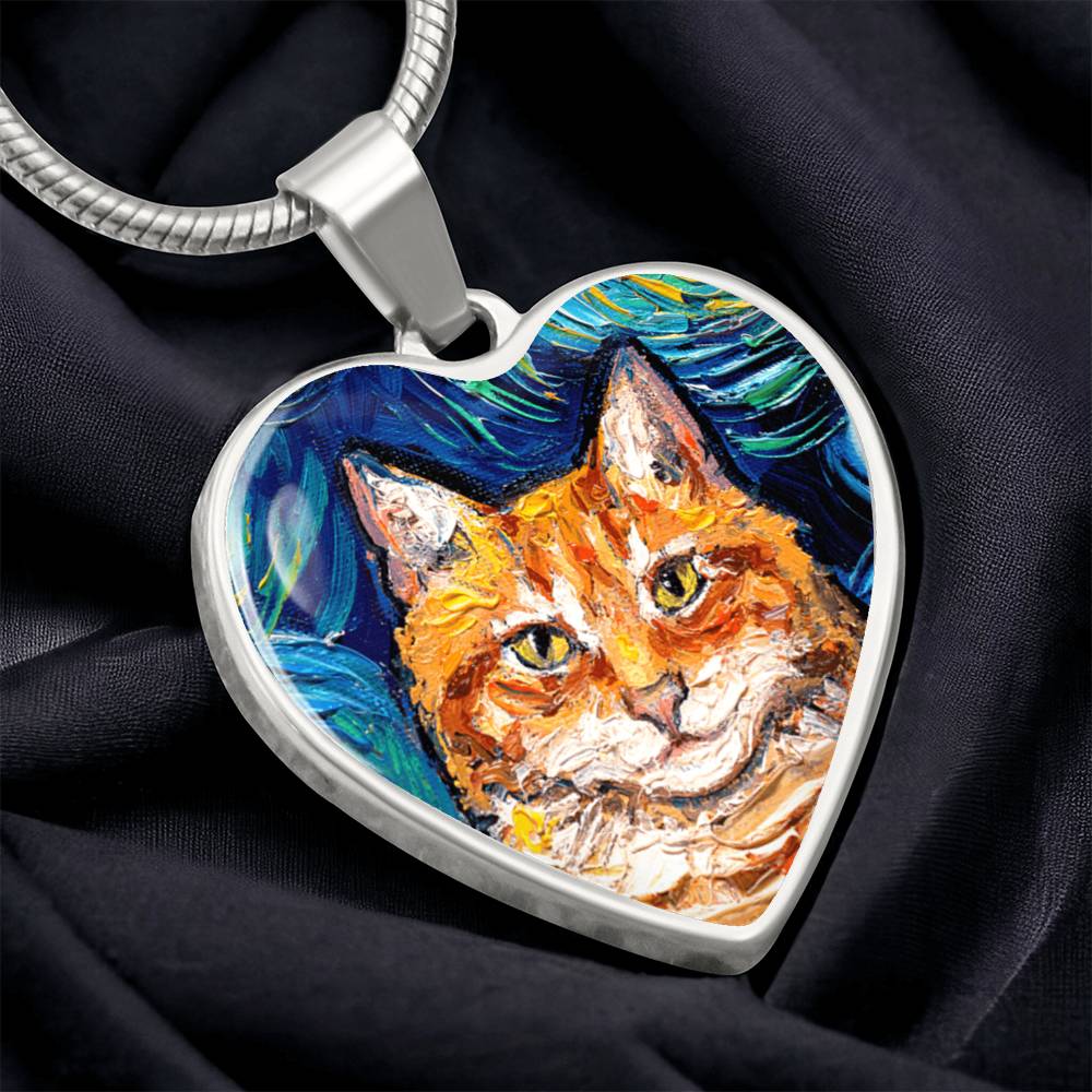 Orange Tabby Cat Portrait Starry Night Heart Necklace