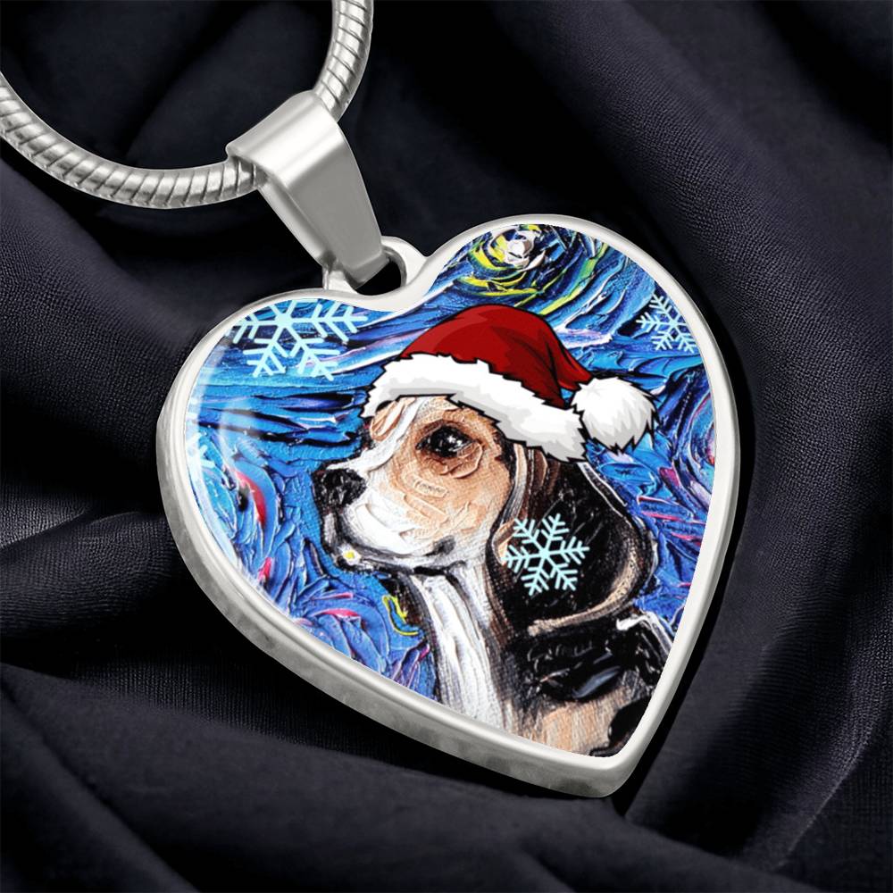 Beagle in Santa Hat Starry Night Heart Necklace
