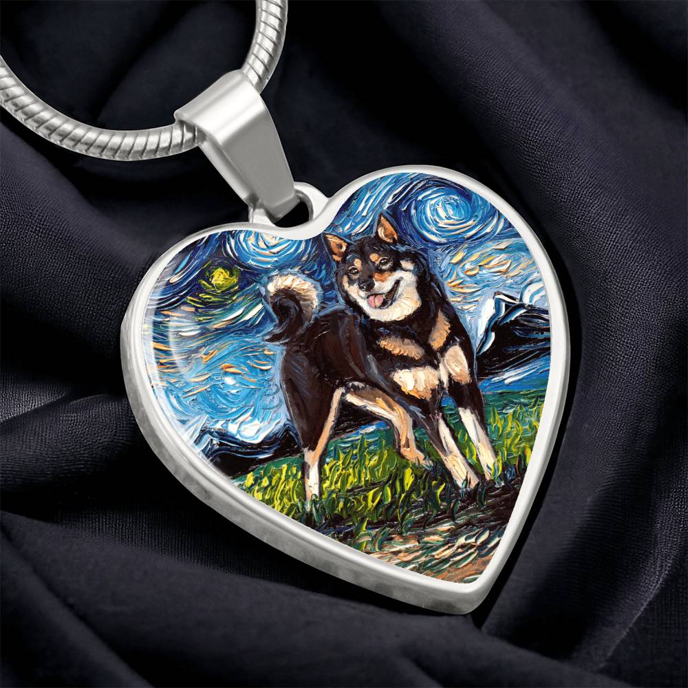 Black and Tan Shiba Inu Starry Night Heart Necklace