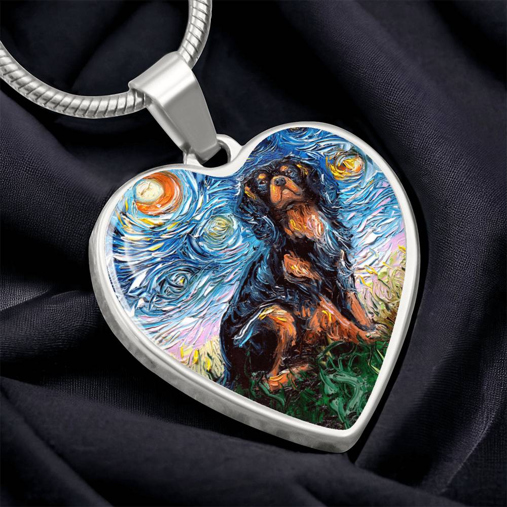 Black and Tan Cavalier King Charles Spaniel Starry Night Heart Necklace