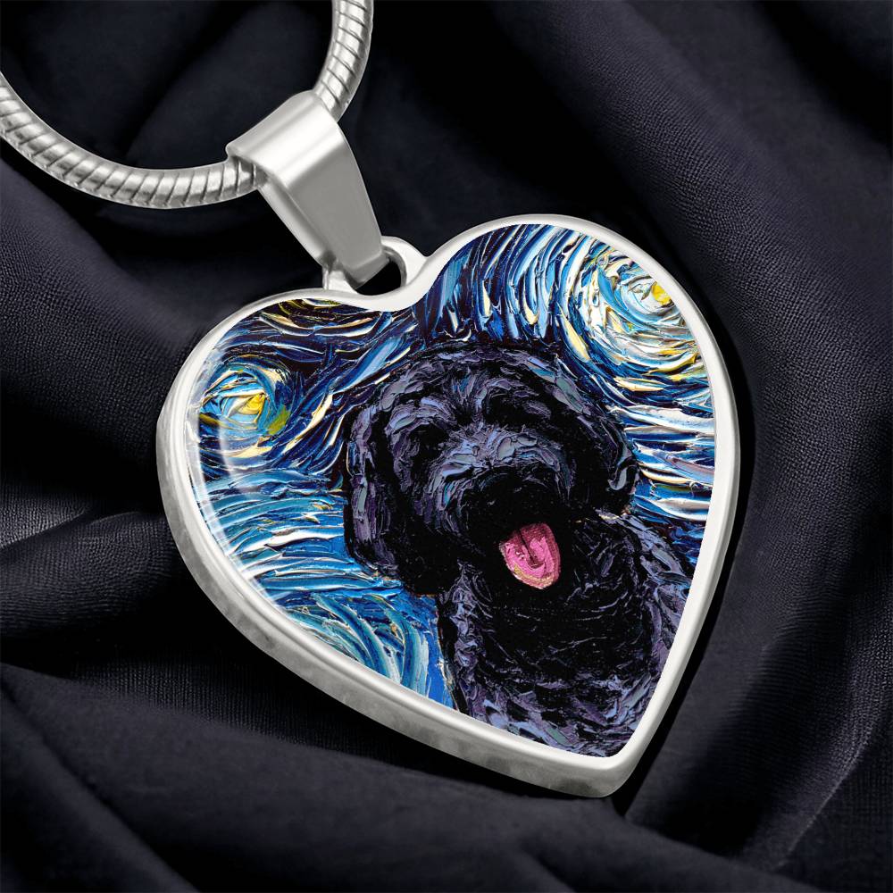 Black Goldendoodle Portrait Starry Night Heart Necklace