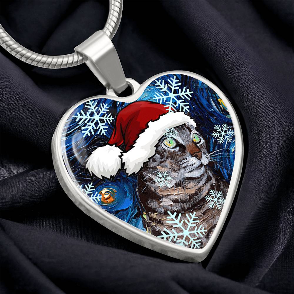 Tabby Cat in Santa Hat Starry Night Heart Necklace