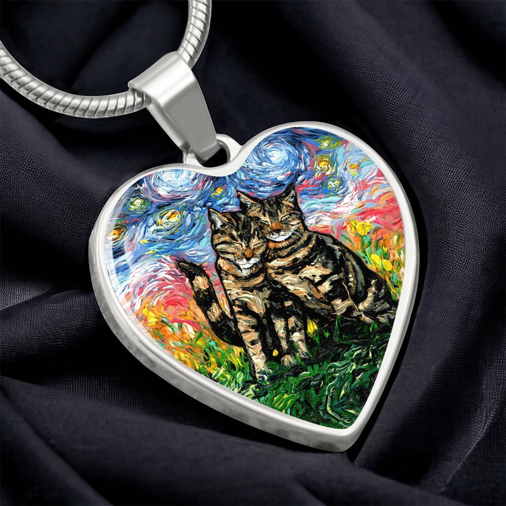 Two Tabby Cats Starry Night Heart Necklace