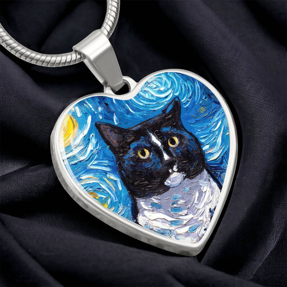 Tuxedo Cat Portrait Starry Night Heart Necklace
