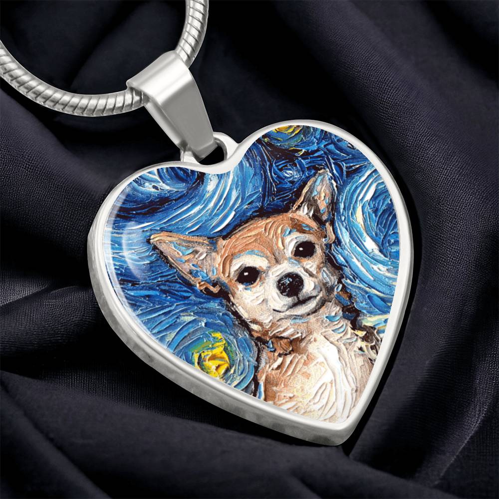 Chihuahua Portrait Starry Night Heart Necklace