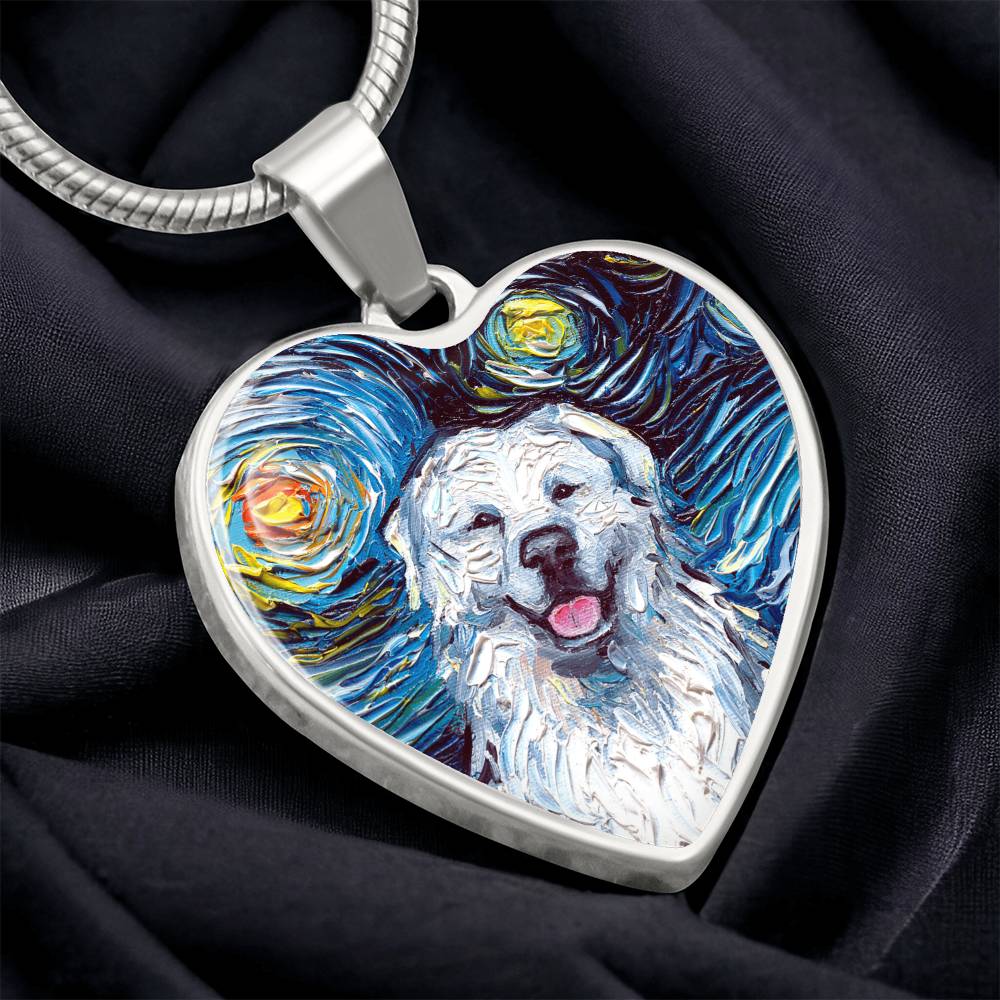 Great Pyrenees Portrait Starry Night Heart Necklace