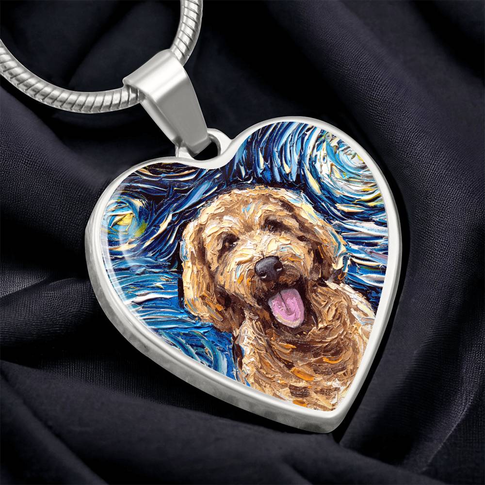 Goldendoodle Portrait Starry Night Heart Necklace
