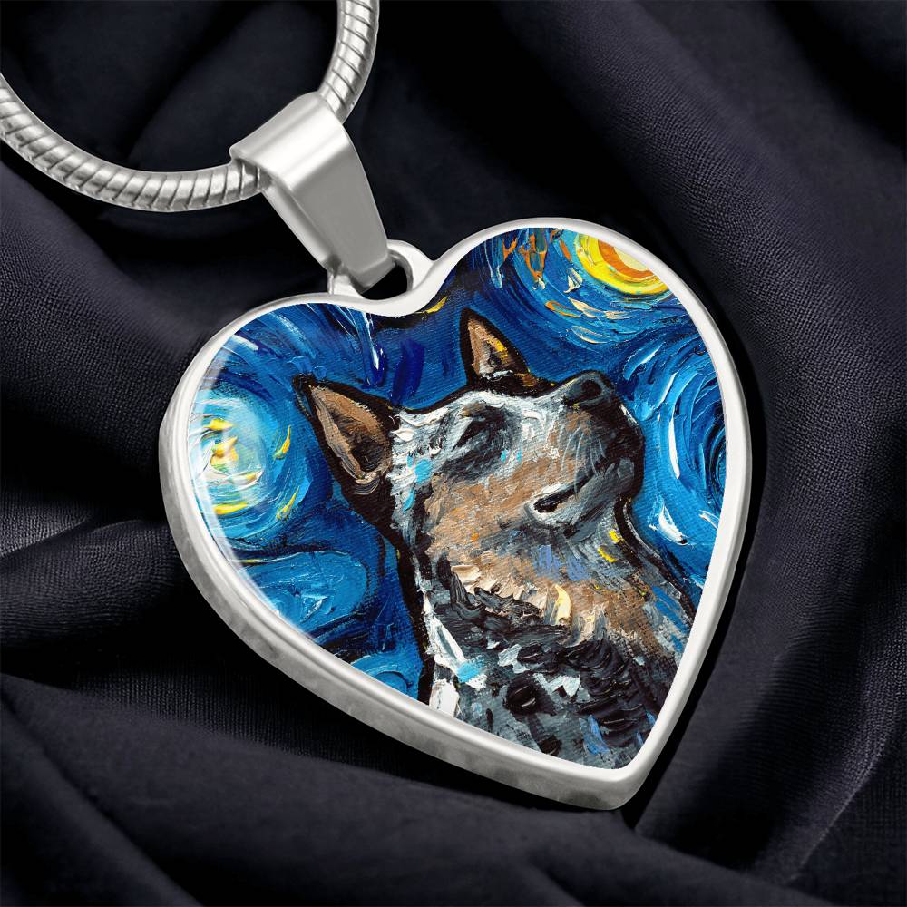 Blue Heeler Portrait Starry Night Heart Necklace