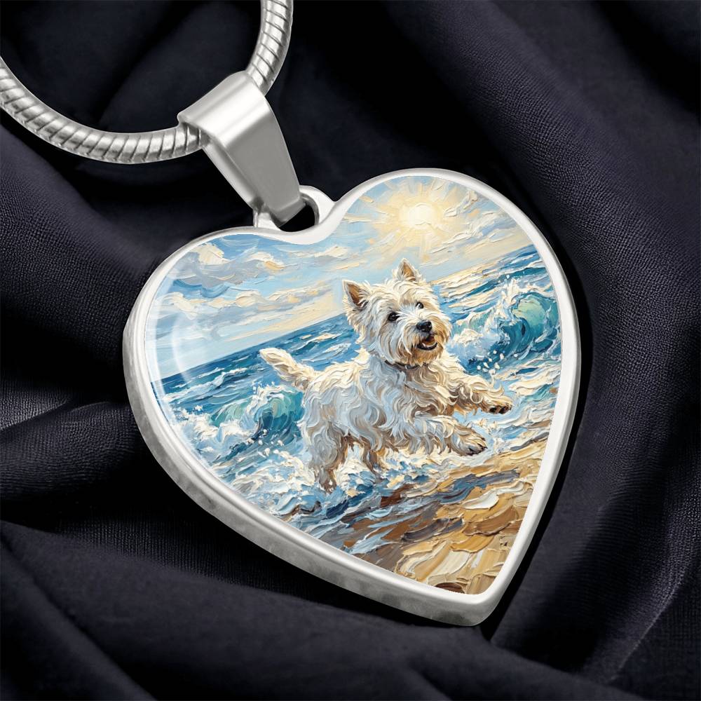 Frolicking Westie at the Beach Heart Necklace