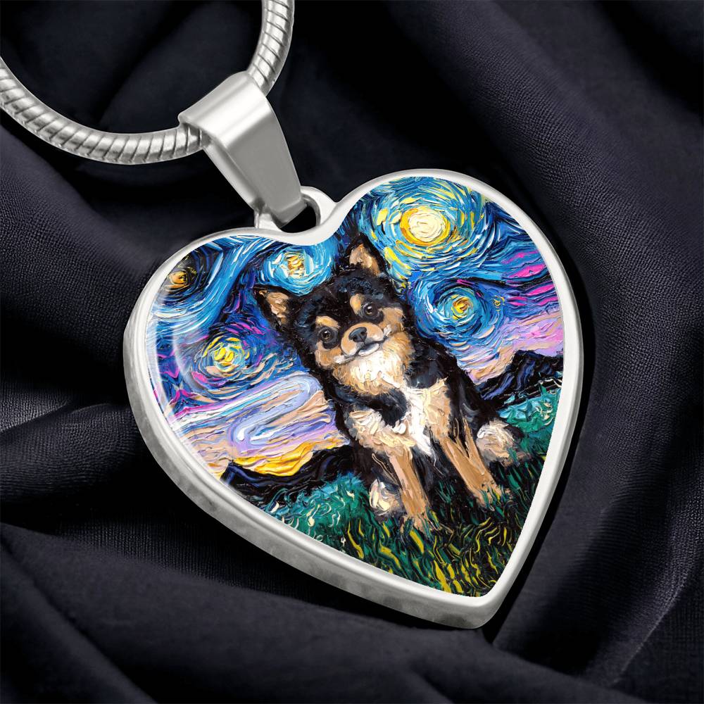 Long Hair Black and Tan Chihuahua Starry Night Heart Necklace