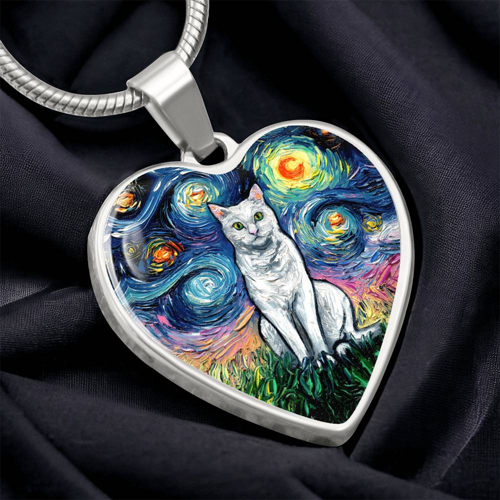 Seated White Cat Starry Night Heart Necklace