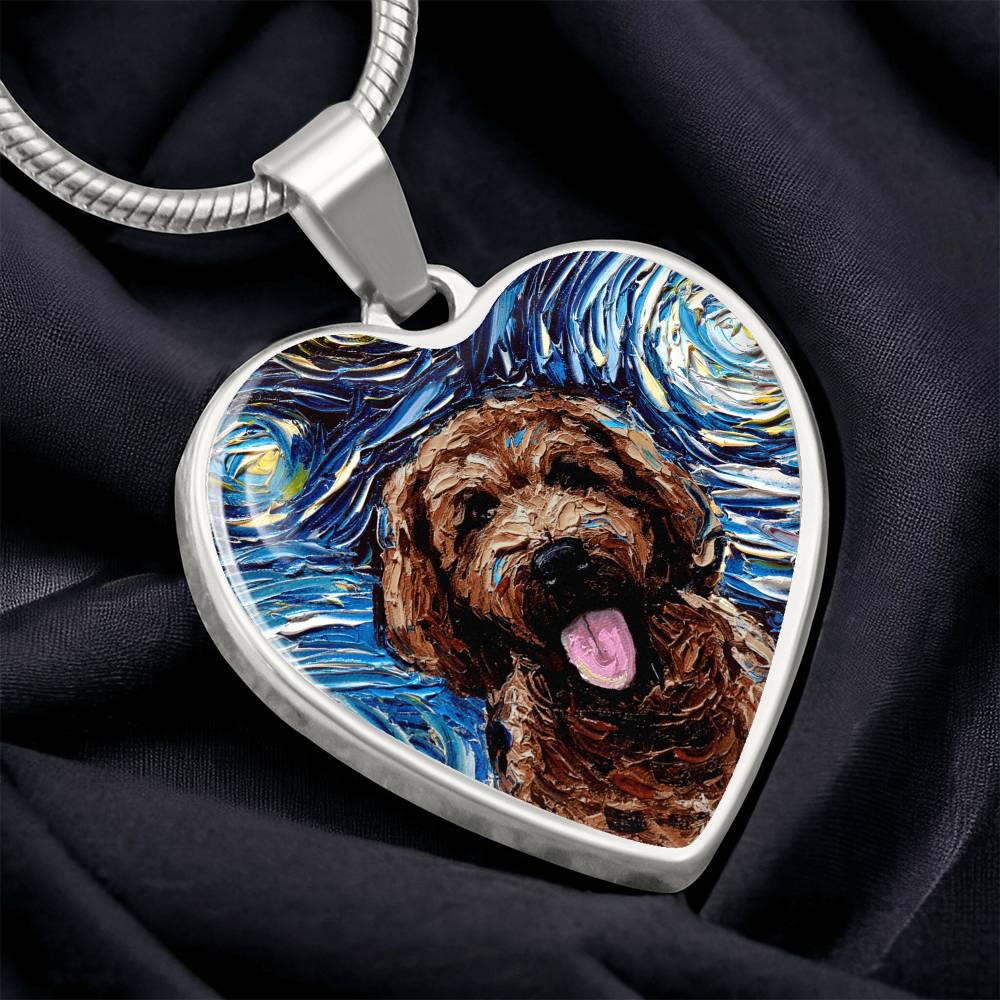 Brown Goldendoodle Portrait Starry Night Heart Necklace