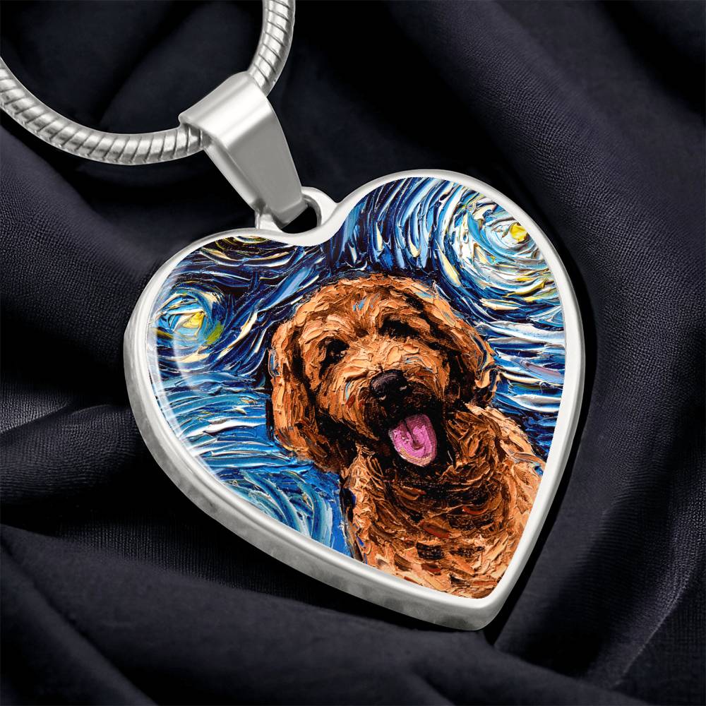 Apricot Goldendoodle Portrait Starry Night Heart Necklace