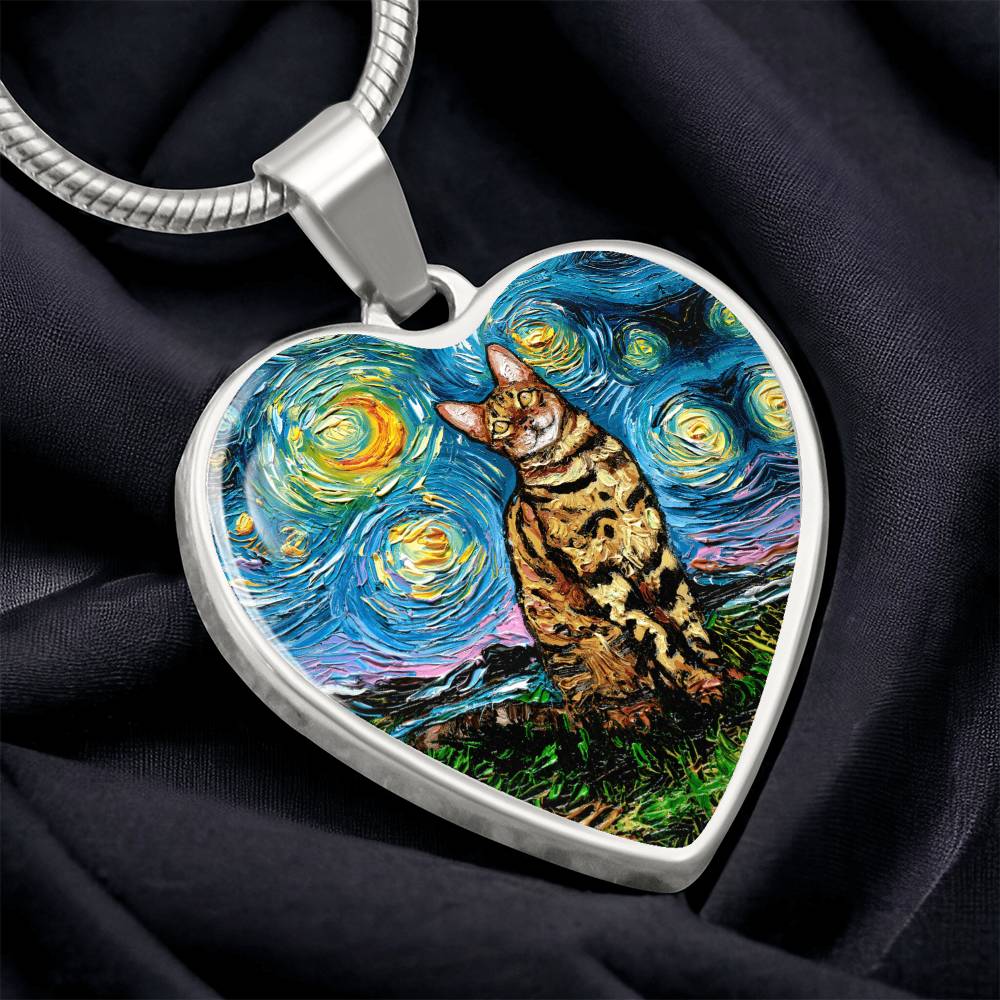 Bengal Cat Starry Night Heart Necklace