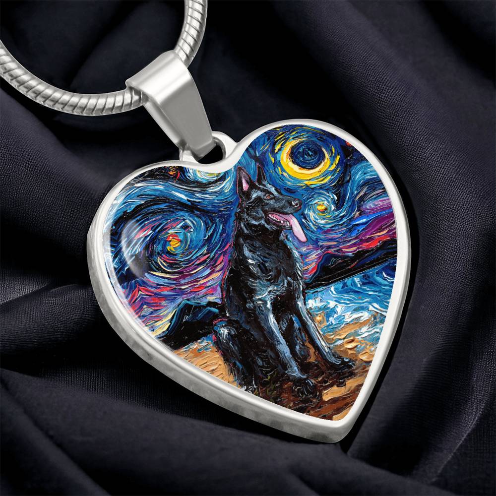 Black German Shepherd Starry Night Heart Necklace