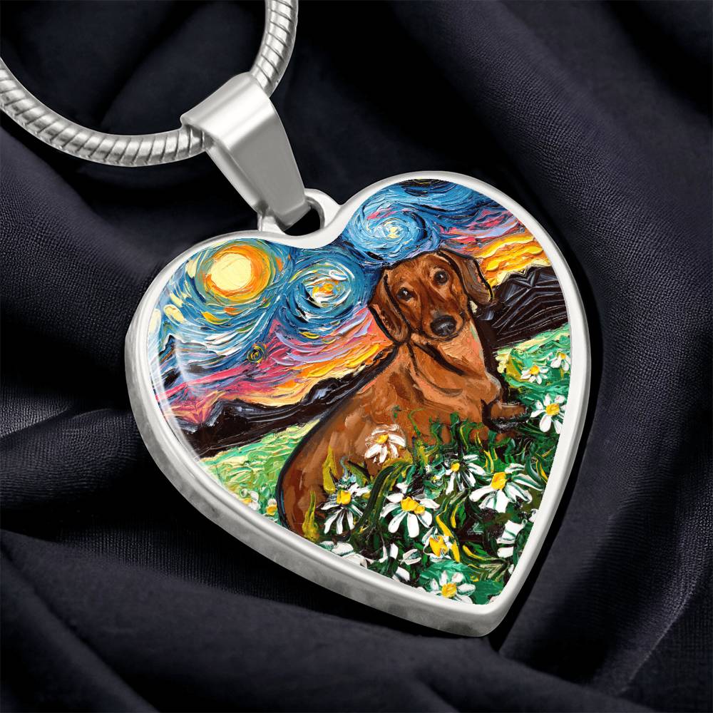 Brown Dachshund with Flowers Starry Night Heart Necklace