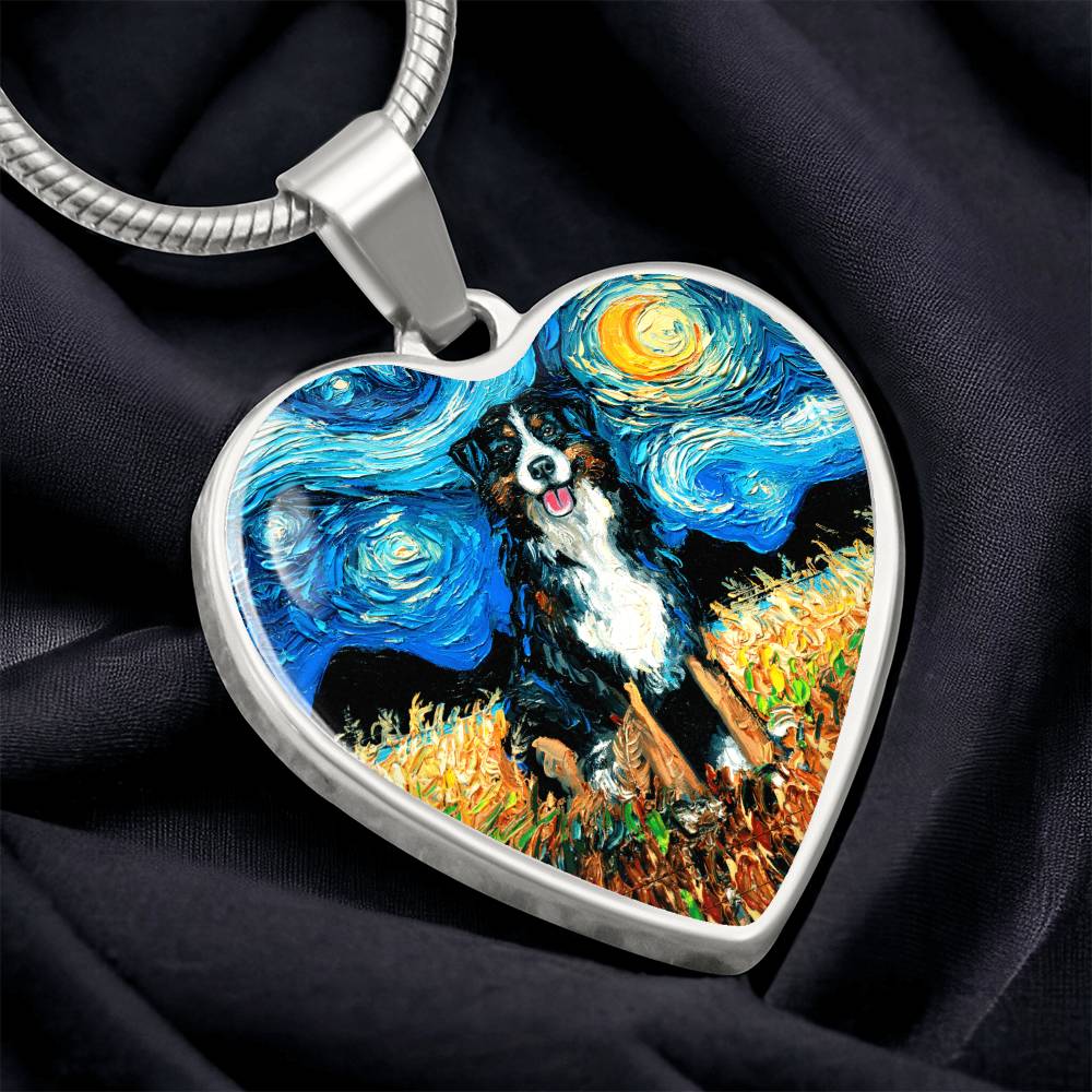 Bernese Mountain Dog Starry Night Heart Necklace
