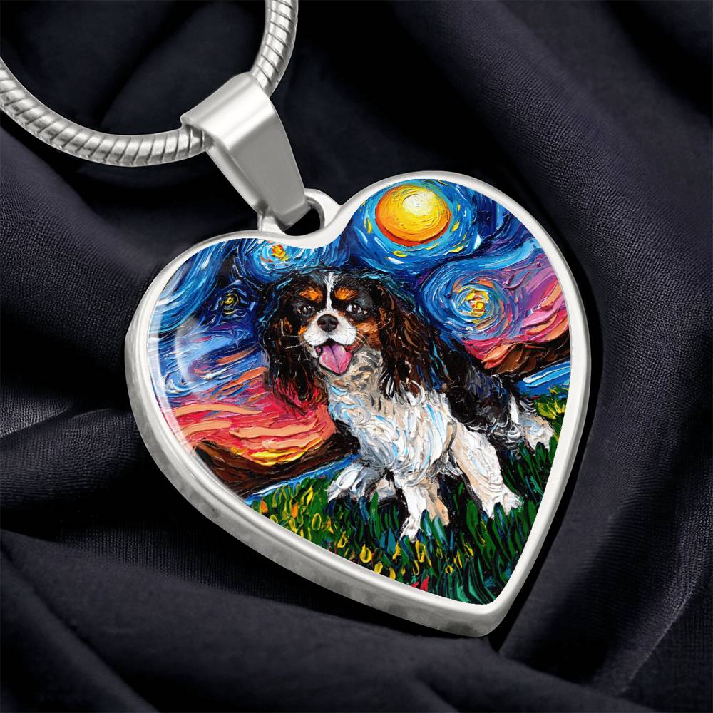 Tri Color Cavalier King Charles Spaniel Starry Night Heart Necklace