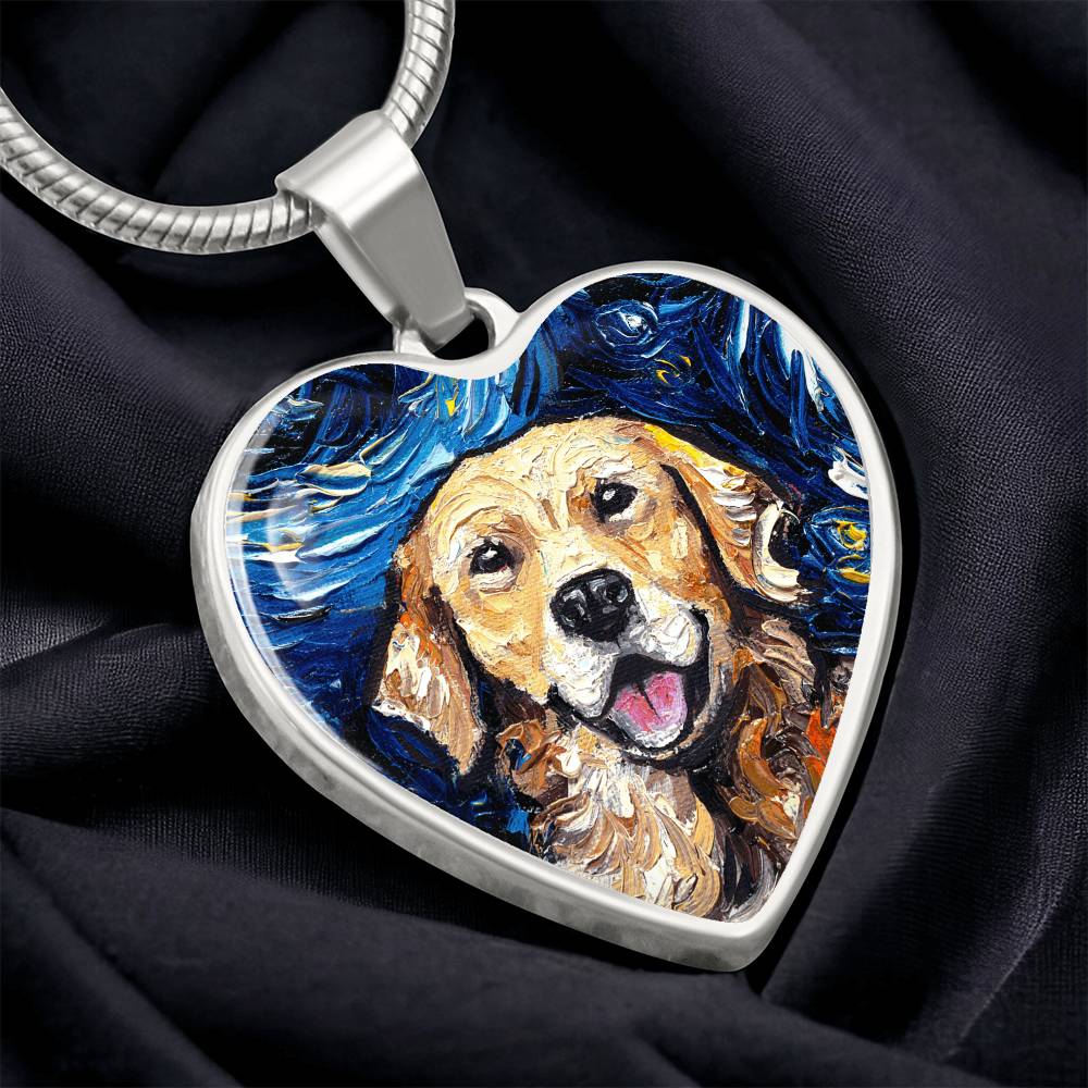 Golden Retriever Portrait Starry Night Heart Necklace