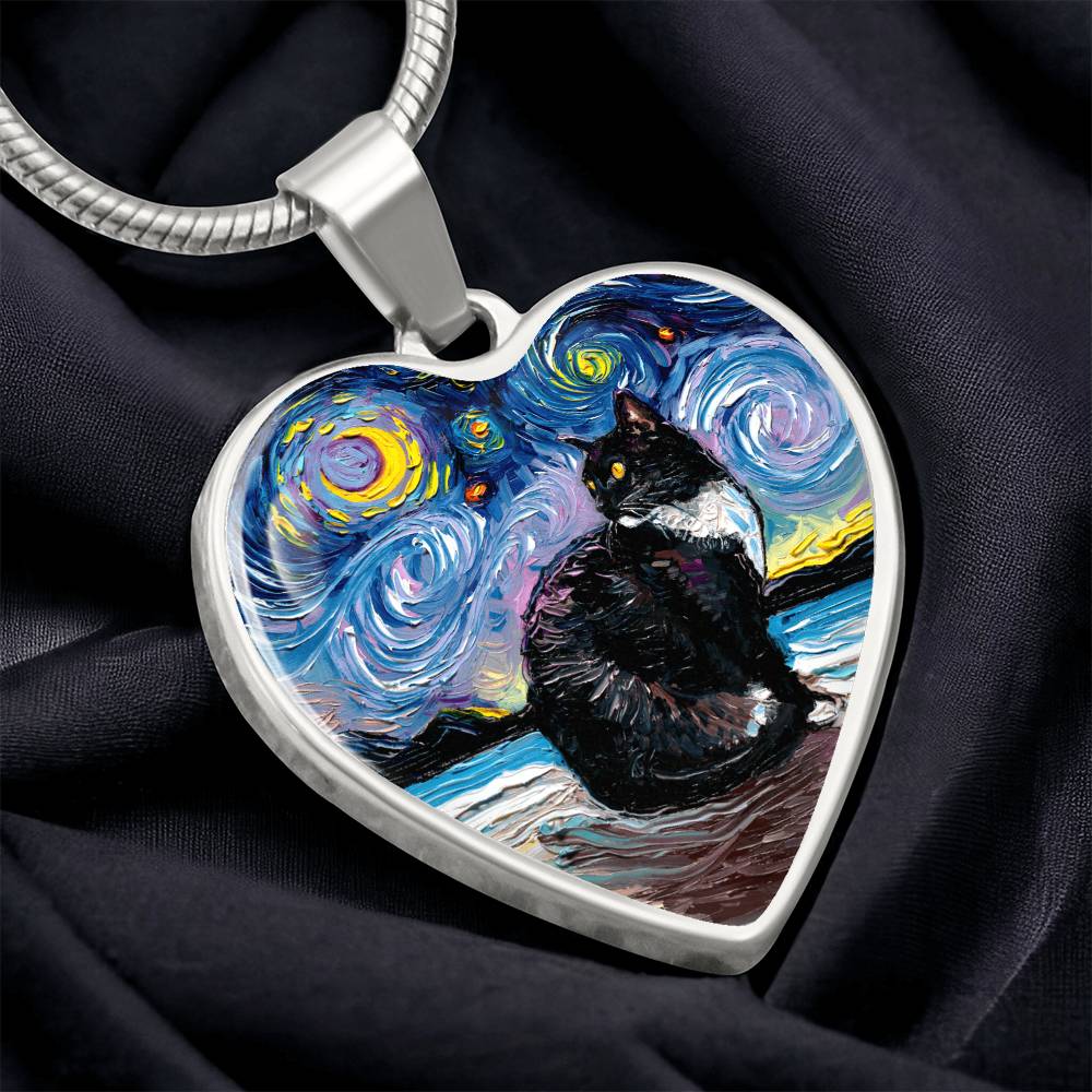 Tuxedo Cat with Yellow Eyes Starry Night Heart Necklace