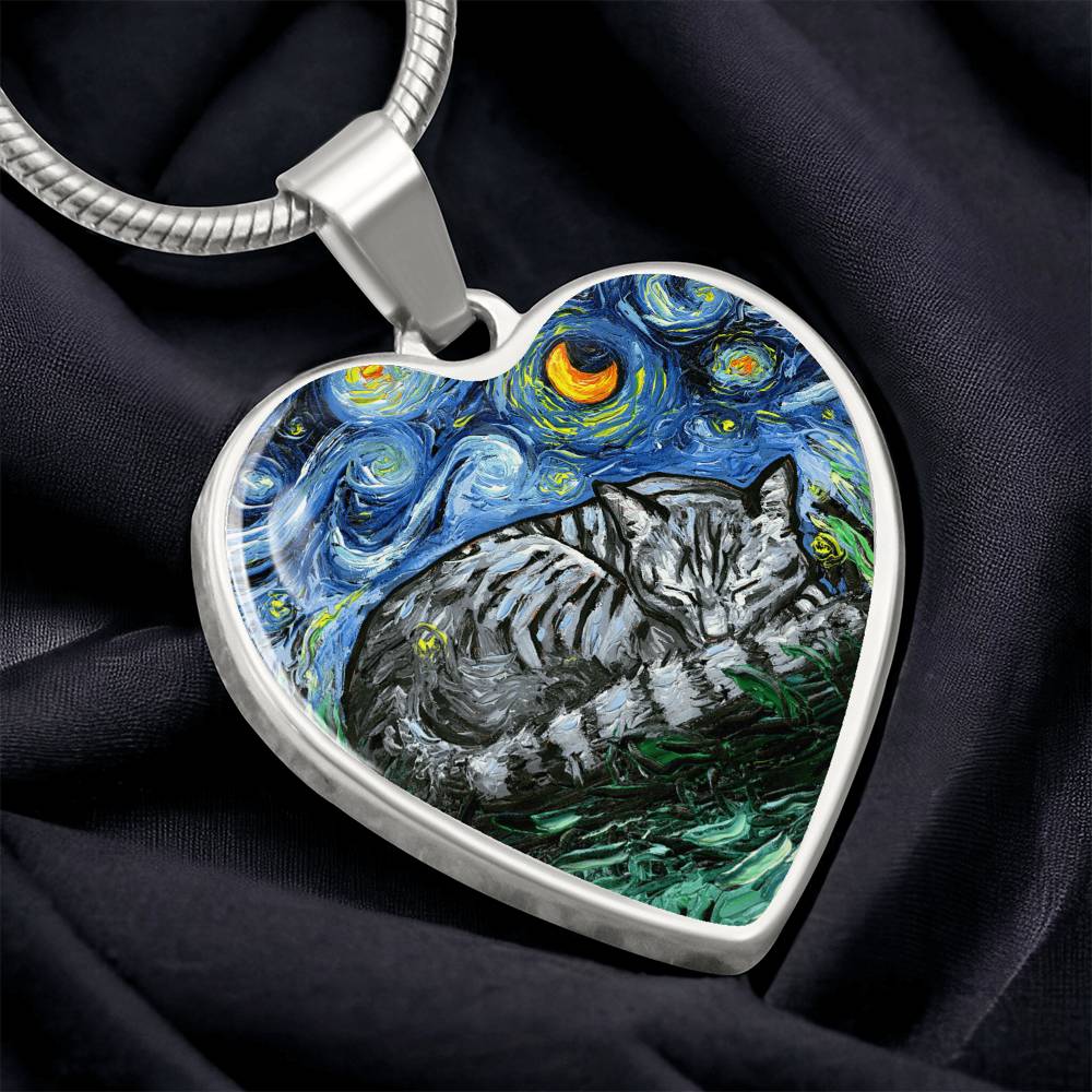 Sleeping Gray Tabby Cat Starry Night Heart Necklace