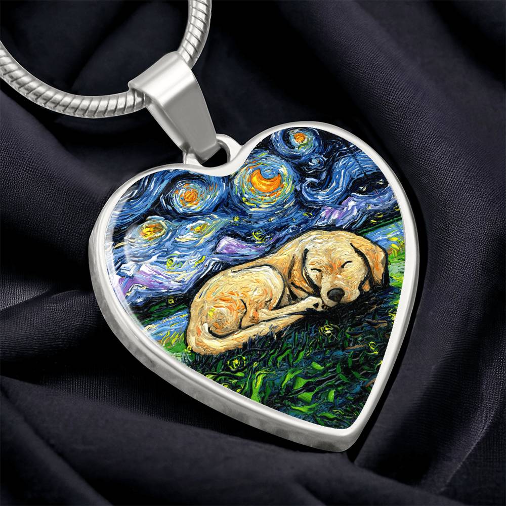 Sleeping Yellow Labrador Starry Night Heart Necklace