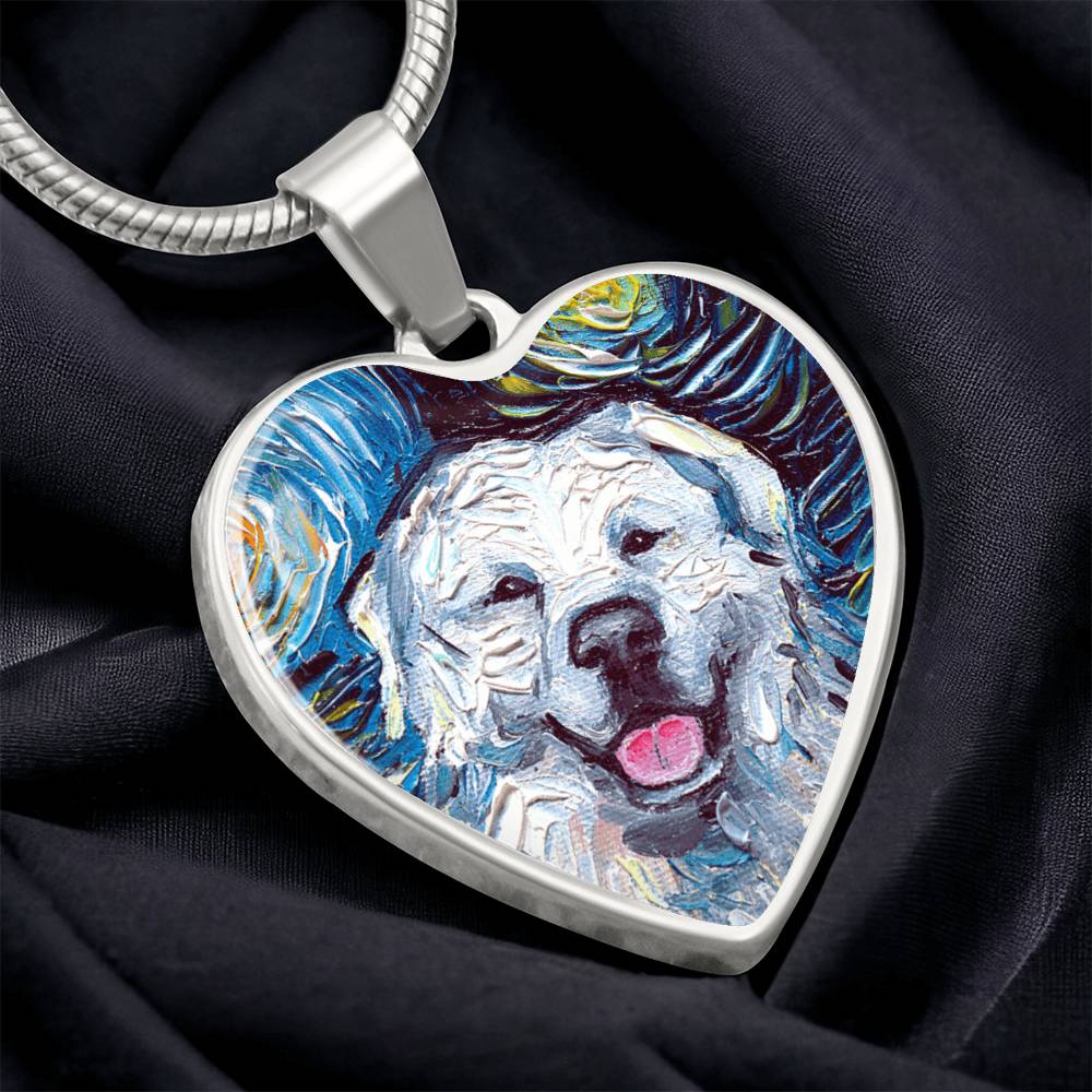 Great Pyrenees Portrait Starry Night Heart Necklace