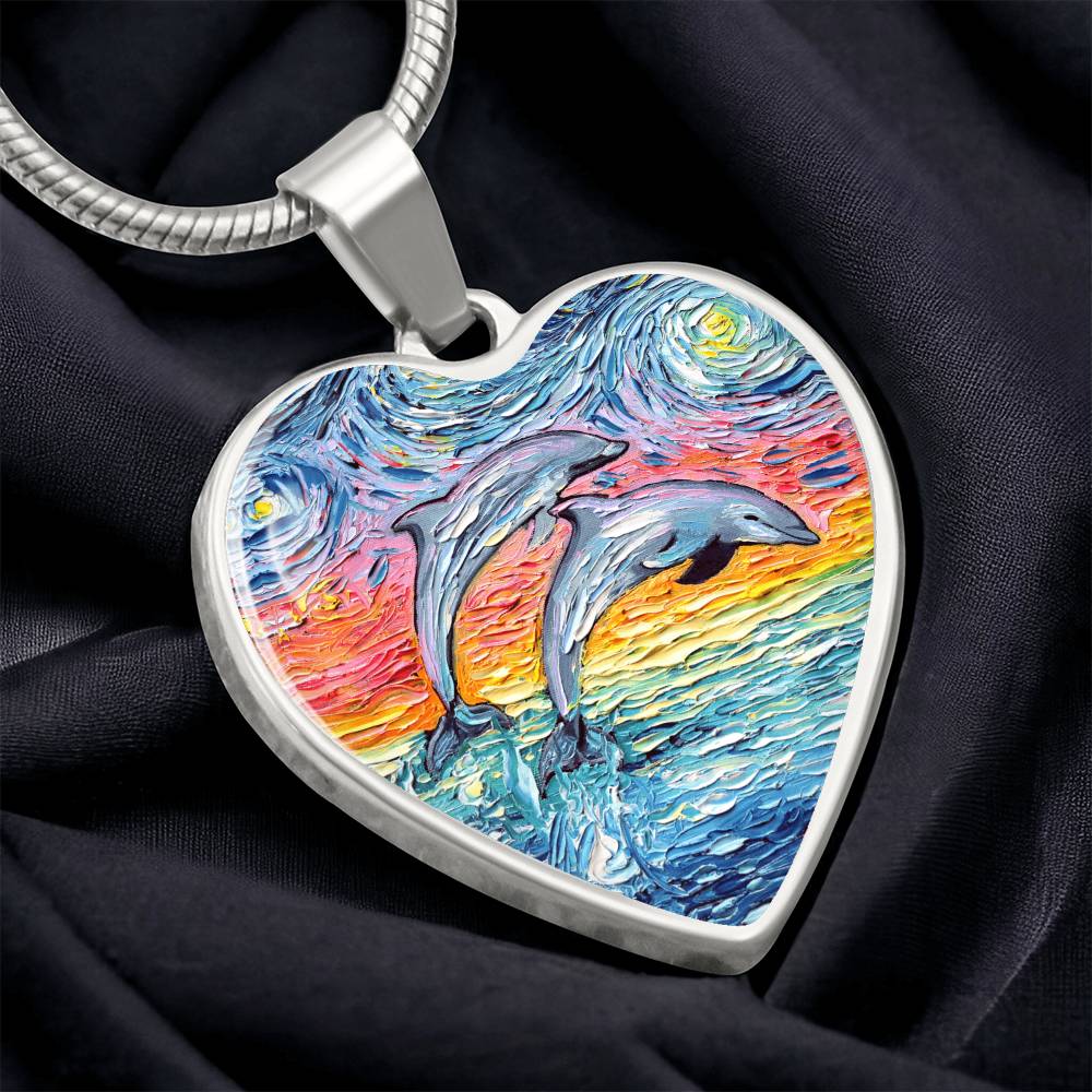 Dolphins Jumping Pastel Starry Night Heart Necklace