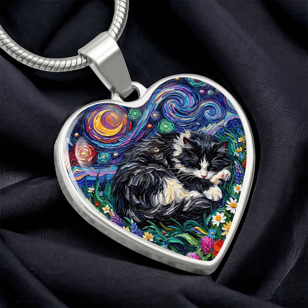 Sleepy Long Hair Tuxedo Heart Necklace