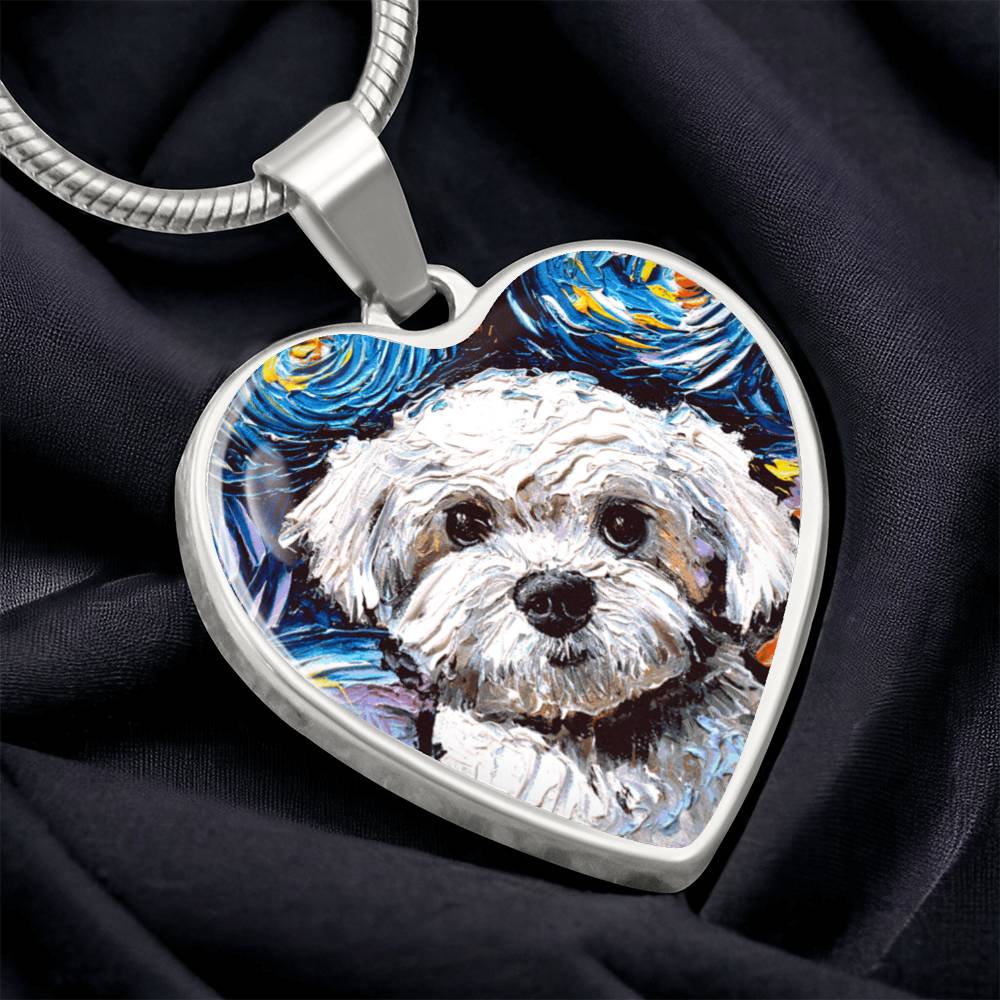 Maltipoo Portrait Starry Night Heart Necklace